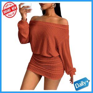 Off Shoulder Long Sleeve Bodycon Mini Dress Ruched Knit Casual Party